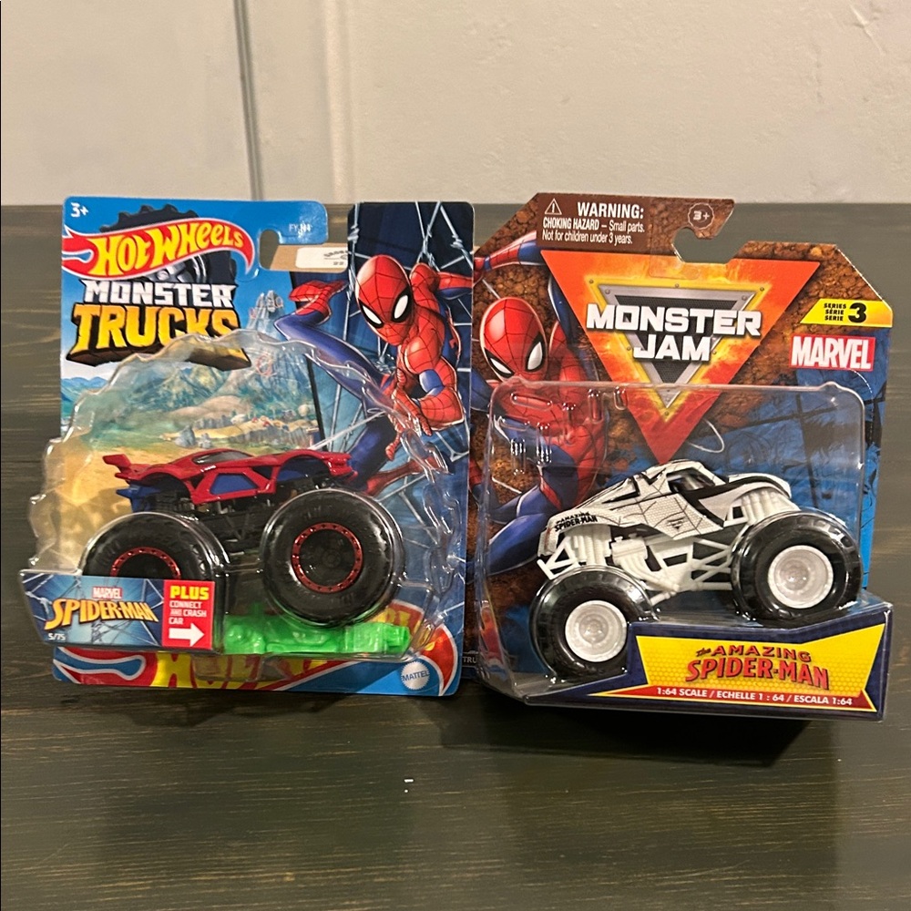Set of 2 Monster Trucks & Monster Jam Spider-Man Set - Red and White